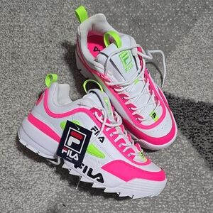 Fila Women's White, Pink, and Neon Green Sneakers
